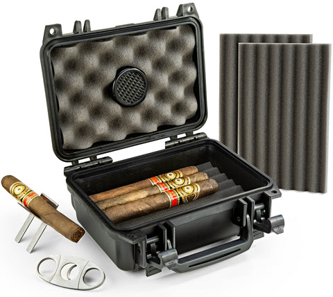 Waterproof Travel Cigar Humidor Case - Holds up to 20 Cigars - with Accessories kit (Includes Cigar Cutter & Collapsible Cigar Stand) Waterproof Travel Cigar Humidor Case - Holds up to 20 Cigars - with Accessories kit (Includes Cigar Cutter & Collapsible Cigar Stand)