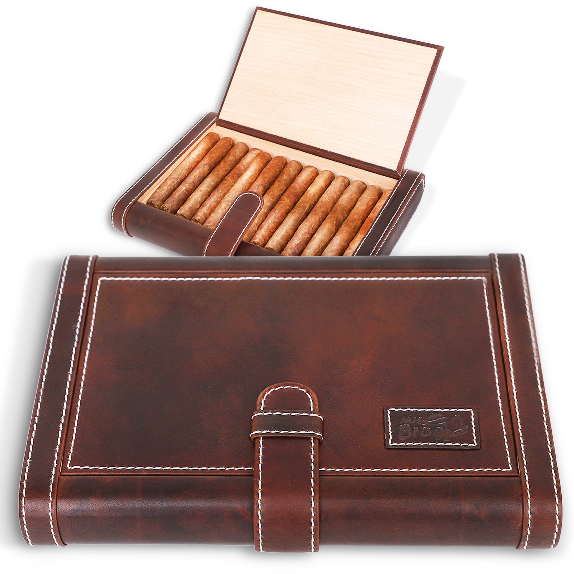 Leather Cigar Humidor Slim Box Cedar Wood for Travel or Desktop - Diesel Leather - [Brown Leather]