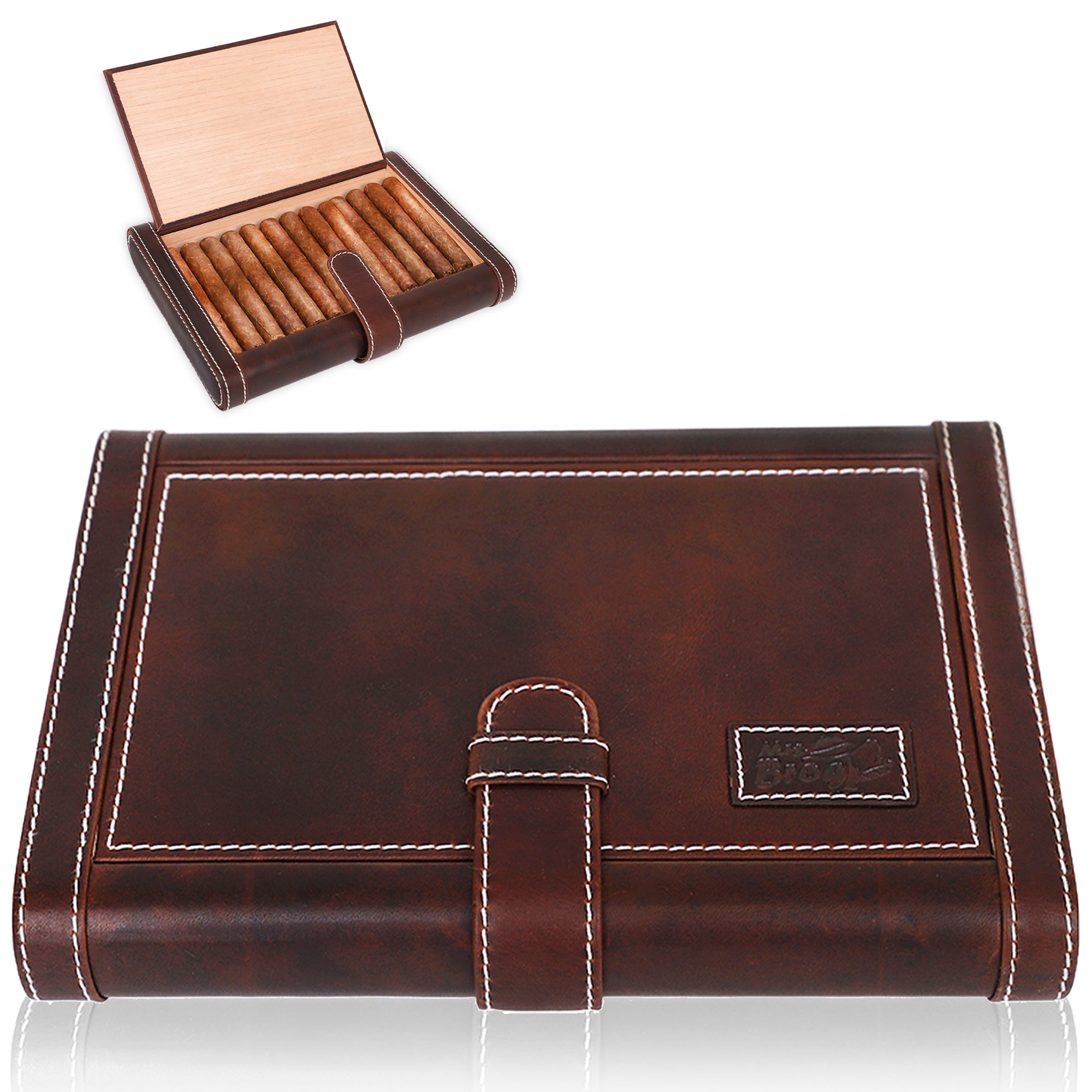 Leather Cigar Humidor Slim Box Cedar Wood for Travel or Desktop - Diesel Leather - [Brown Leather]